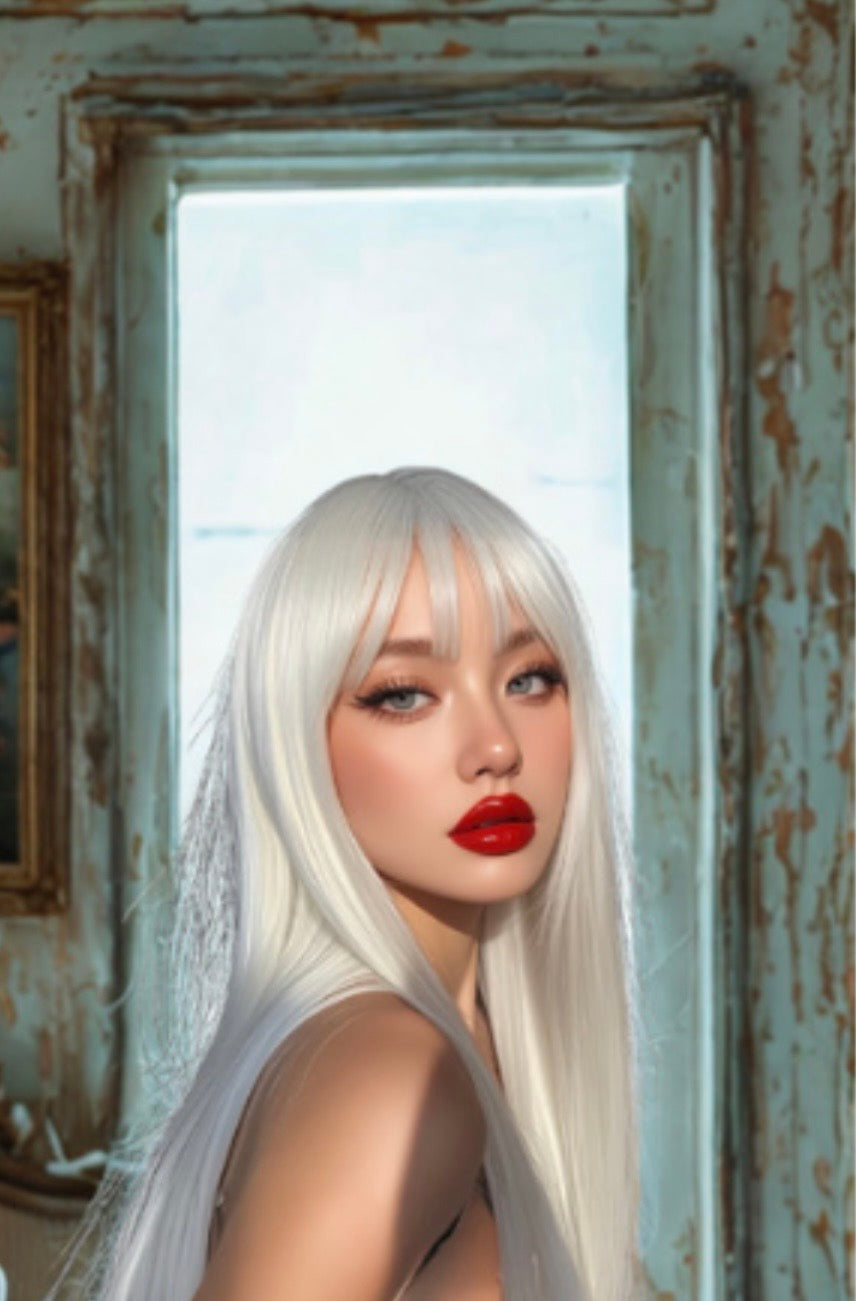 Luxotic Straight White Wig, crafted from high temperature fiber for durability and elegance.