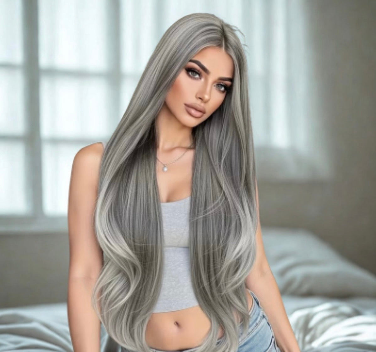 Transforma tu look con una impresionante peluca larga gris de 32 pulgadas diseñada para resistir altas temperaturas